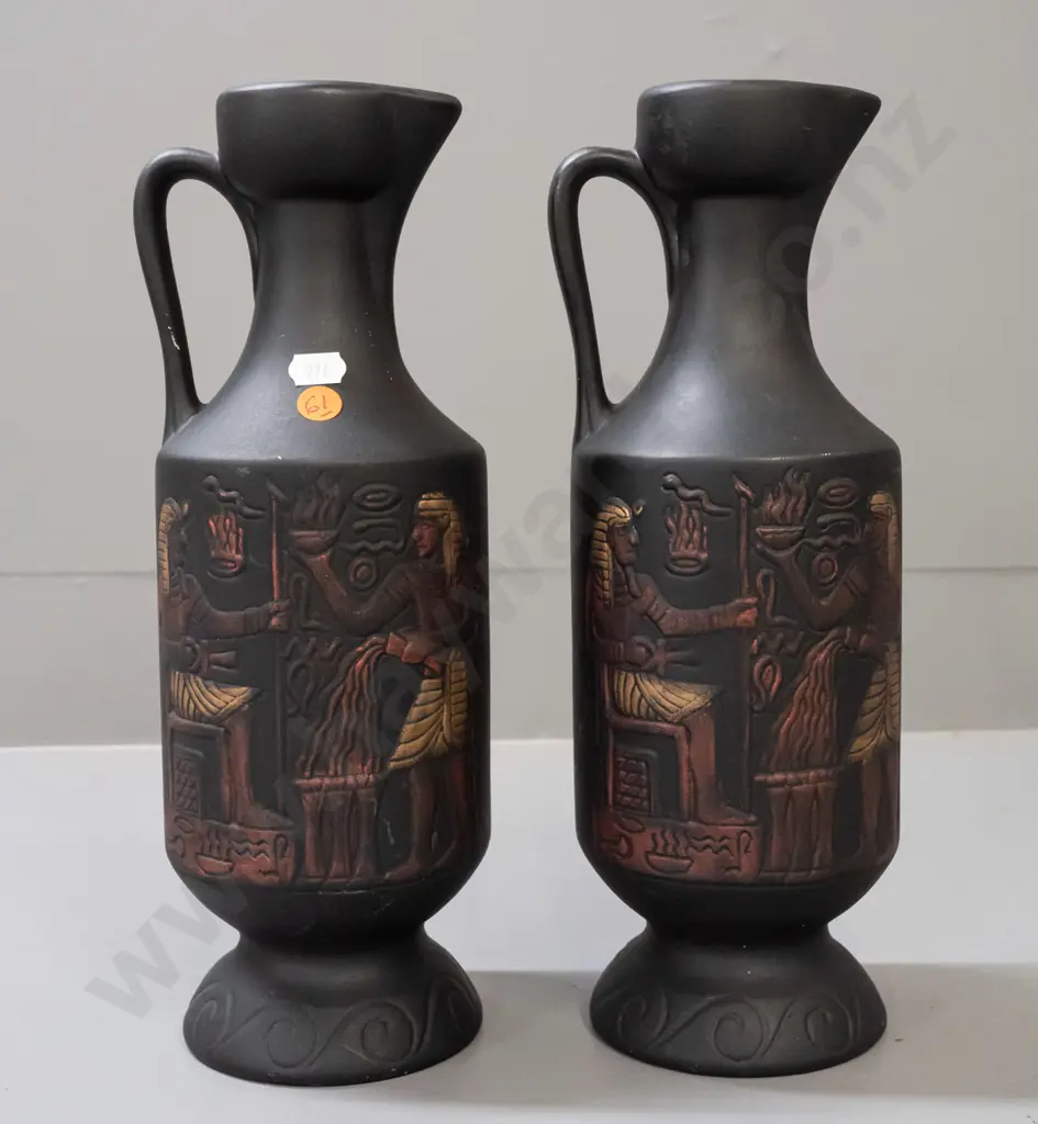 pair of Aquila Ceramics NZ handled ewer jugs with matte glaze, Egyptian motifs - one has small chip to base, some Image 1++