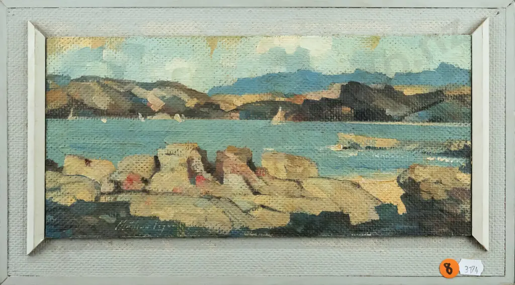 Charlton Edgar - oil on board - coastal scene (framing needs attention) H-140 W-300 Image 1++