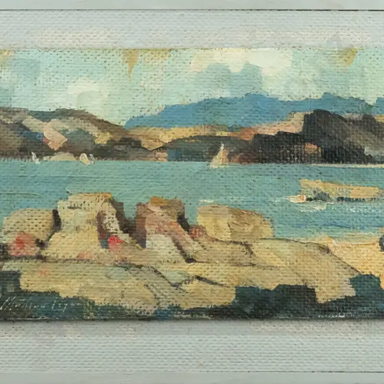 Charlton Edgar - oil on board - coastal scene (framing needs attention) H-140 W-300