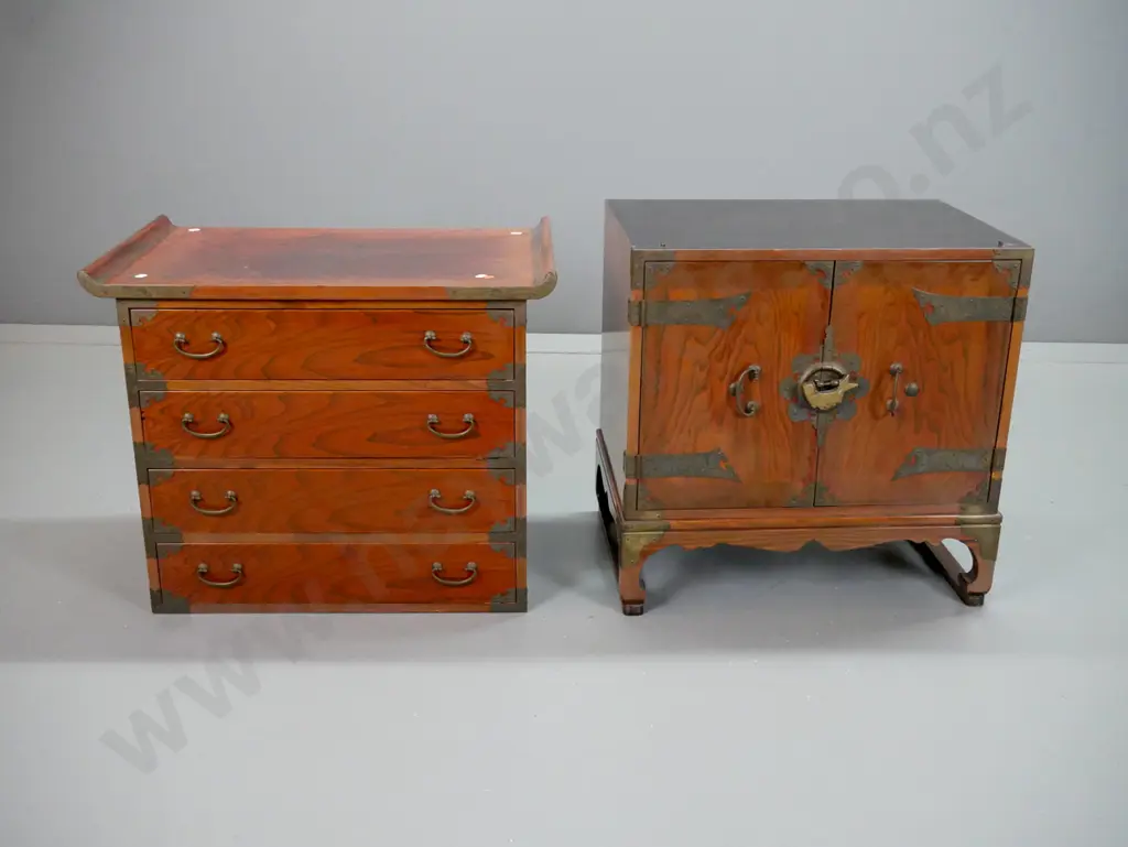 asian elm and mixed timber 2-piece chest with upper pagoda-top section w/4 drawers, top one segmented for cutlery, Image 1++