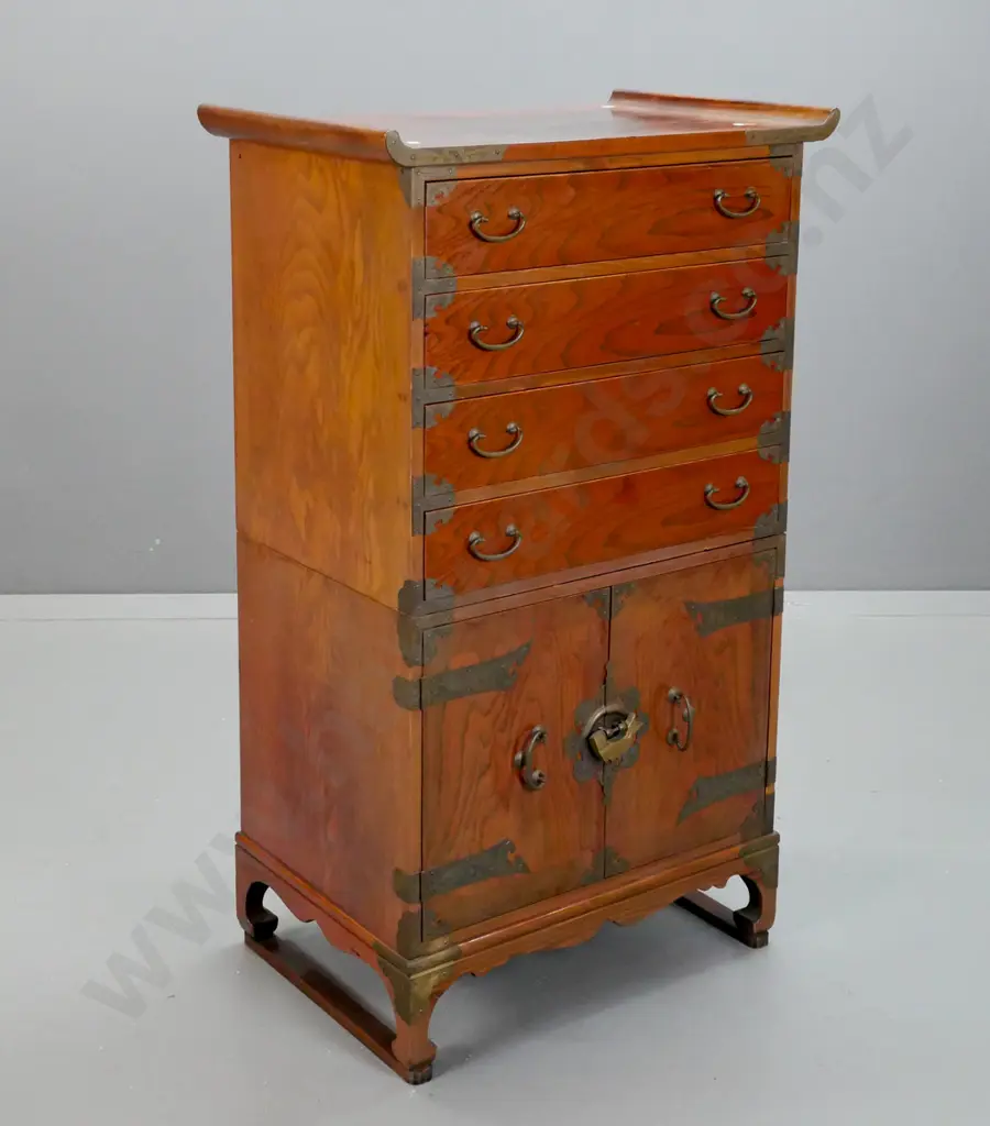 asian elm and mixed timber 2-piece chest with upper pagoda-top section w/4 drawers, top one segmented for cutlery, Image 1++
