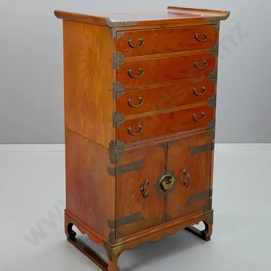 asian elm and mixed timber 2-piece chest with upper pagoda-top section w/4 drawers, top one segmented for cutlery,