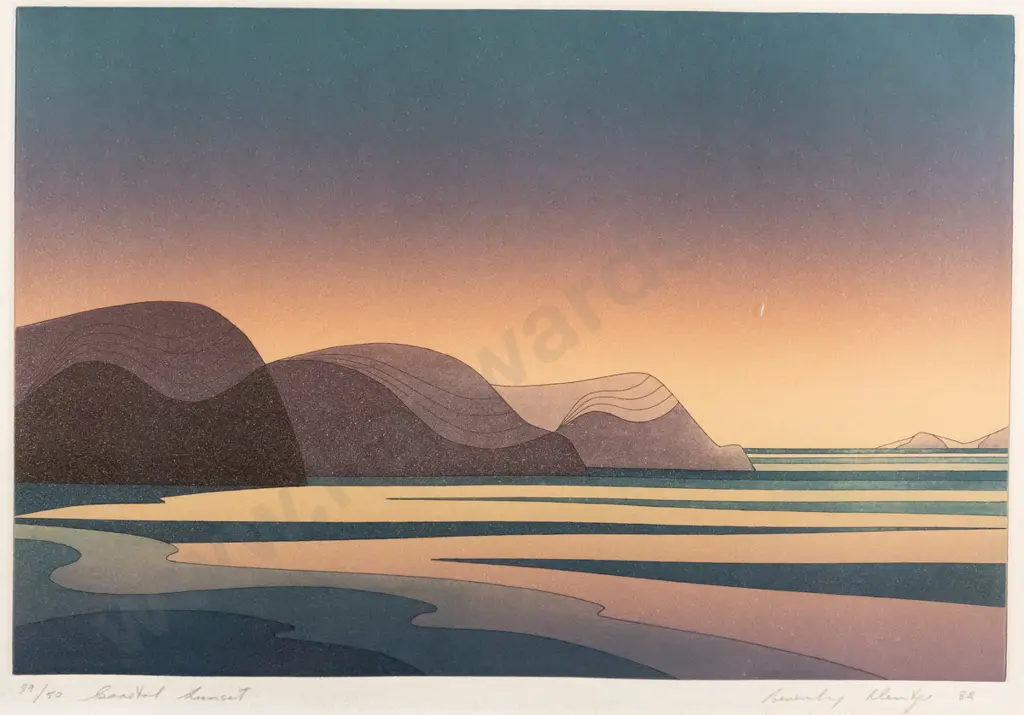 illegible signature 82, framed ltd edition print 29/50 - coastal sunset H-270 W-390 (framing needs attention) Image 1++