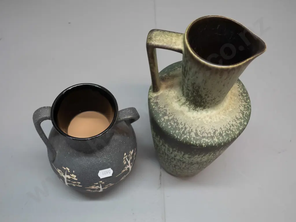 German pottery ewer jug vase H-250, marked 4329/1 & a (Japanese?) double handled tree relief pattern textured glaze vase Image 1++