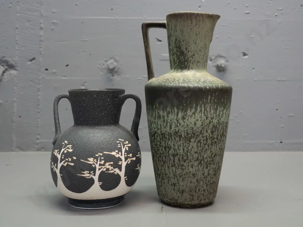 German pottery ewer jug vase H-250, marked 4329/1 & a (Japanese?) double handled tree relief pattern textured glaze vase Image 1++