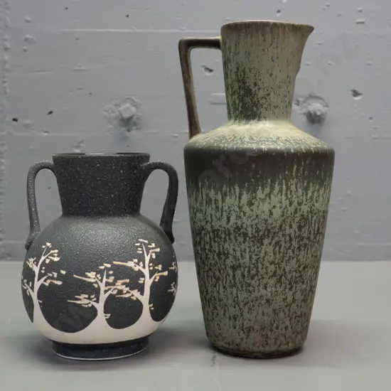 German pottery ewer jug vase H-250, marked 4329/1 & a (Japanese?) double handled tree relief pattern textured glaze vase