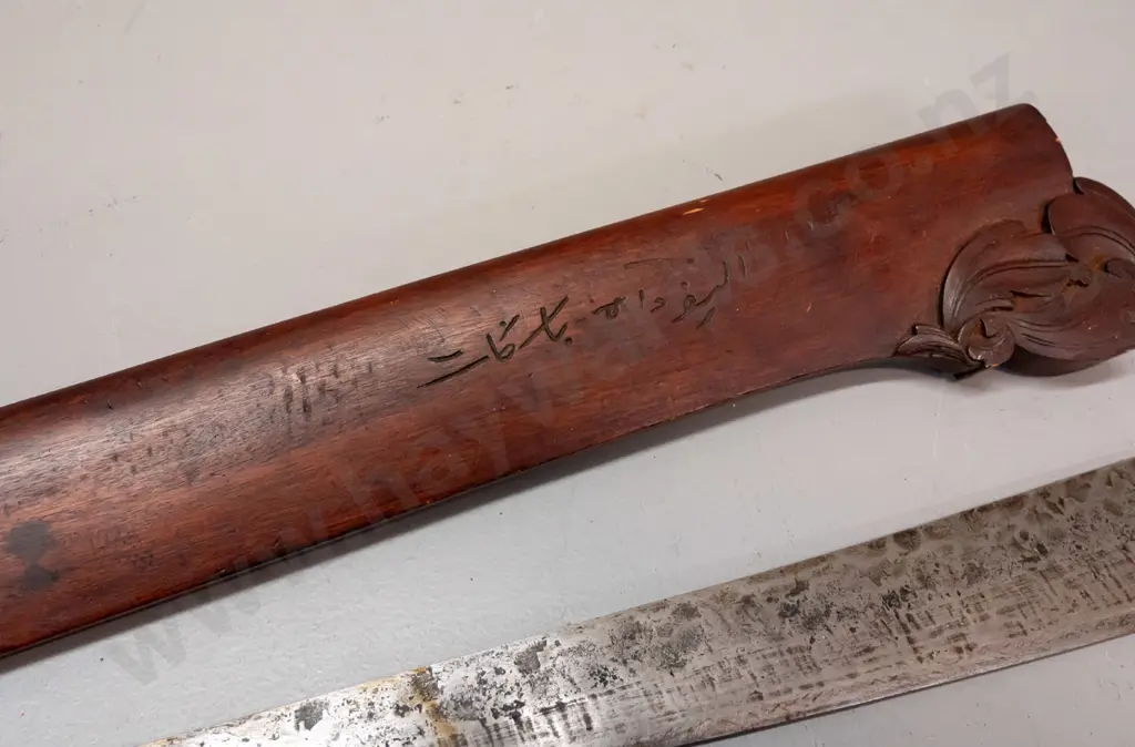 Indonesian Parang dagger sword with foliate carved wooden handle and scabbard, hand forged blade L-620 Image 1++