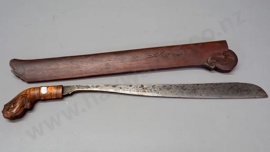 Indonesian Parang dagger sword with foliate carved wooden handle and scabbard, hand forged blade L-620 Image 1++