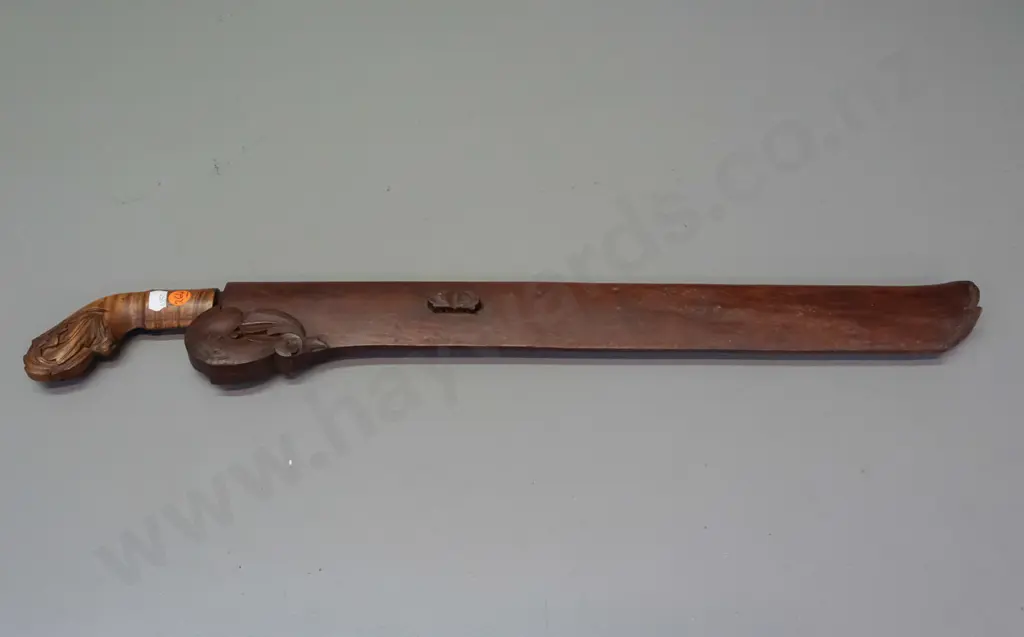 Indonesian Parang dagger sword with foliate carved wooden handle and scabbard, hand forged blade L-620 Image 1++