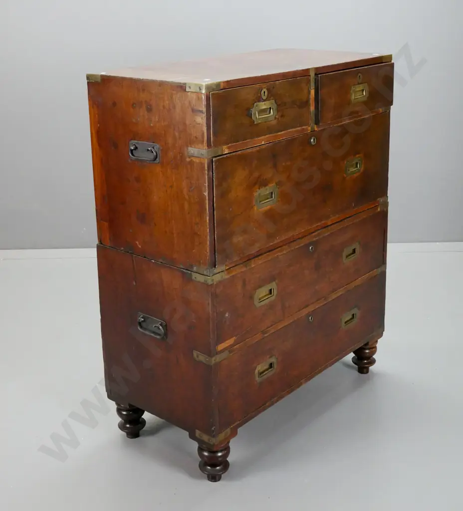 Victorian English made mahogany 2-section military chest with brass flush mounted handles, locks and escutcheons, Image 1++