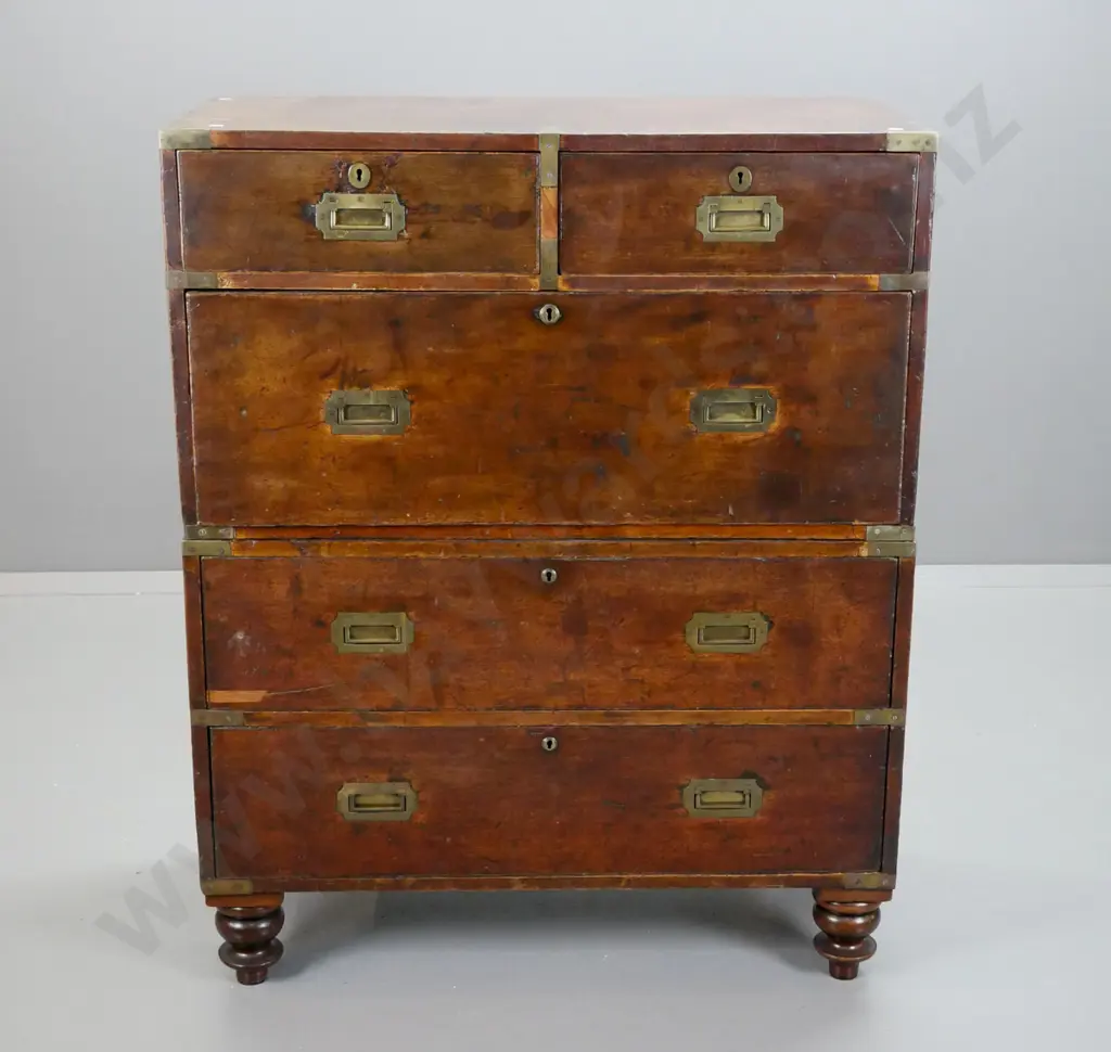 Victorian English made mahogany 2-section military chest with brass flush mounted handles, locks and escutcheons, Image 1++