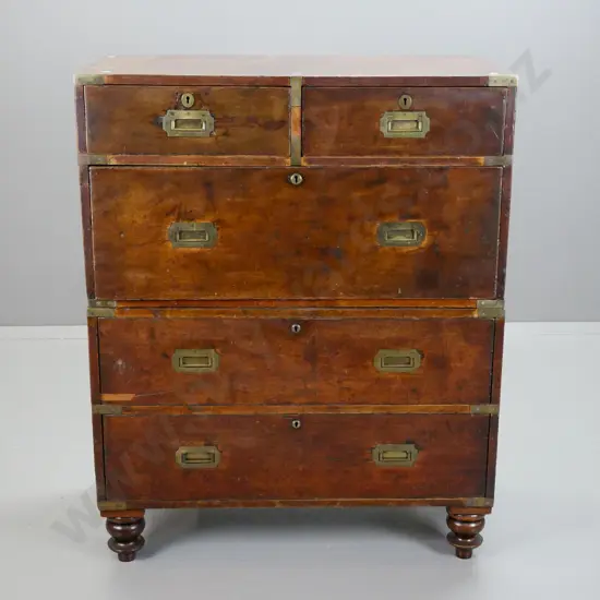 Victorian English made mahogany 2-section military chest with brass flush mounted handles, locks and escutcheons,