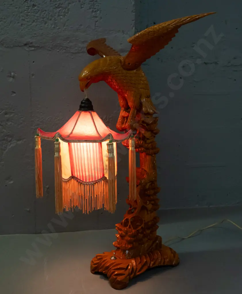 asian carved timber table lamp with intricate pierced tree and eagle, with pagoda shaped fabric hanging shade w/ gold Image 1++