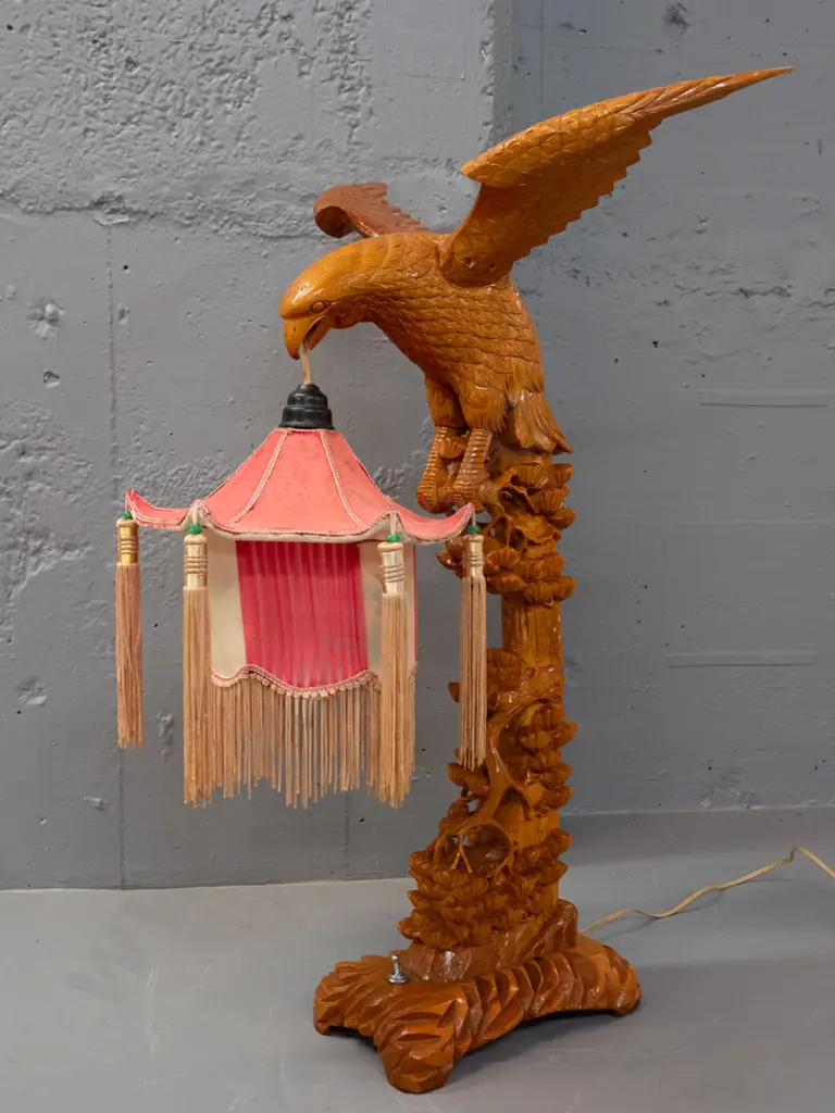 asian carved timber table lamp with intricate pierced tree and eagle, with pagoda shaped fabric hanging shade w/ gold Image 1++