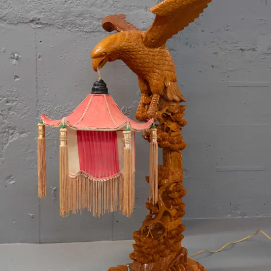 asian carved timber table lamp with intricate pierced tree and eagle, with pagoda shaped fabric hanging shade w/ gold