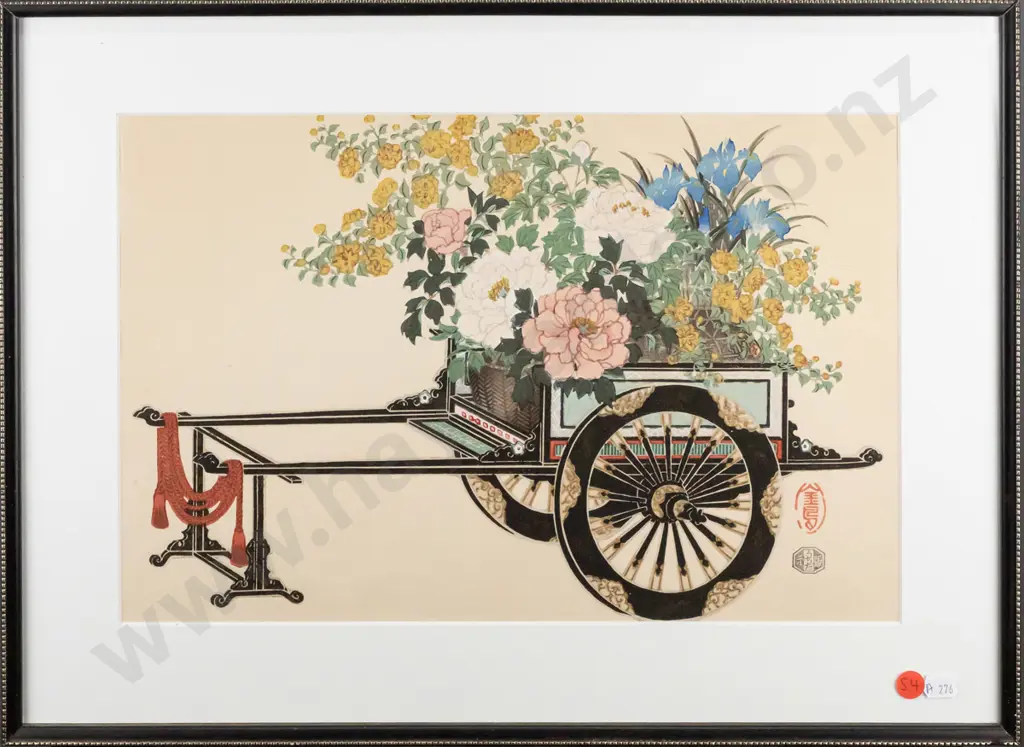 framed Kin-u Takeshita woodblock print - flower cart H-245 W-380 (very slight foxing) Image 1++