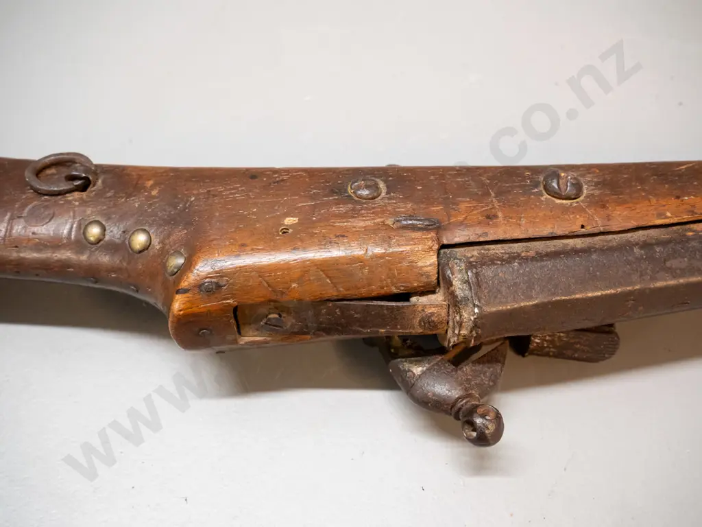 reproduction vintage flintlock  rifle or musket with extensive damage to timber L1260 Image 1++
