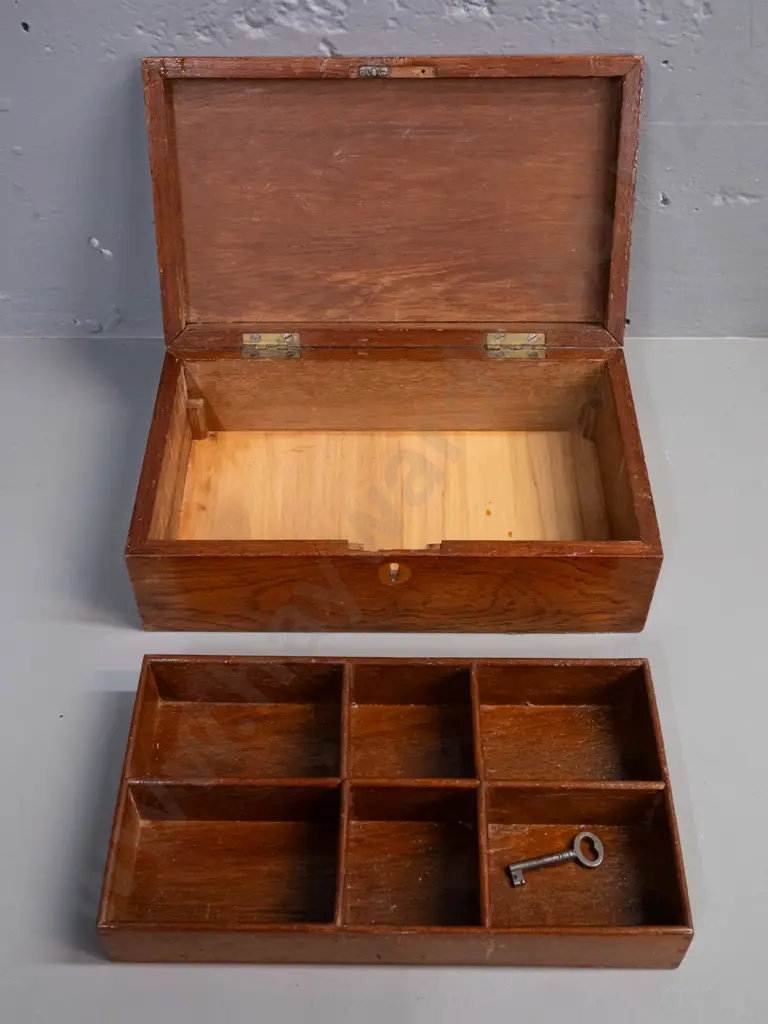 vintage timber box with lift out partitioned tray, inlay design on lid - some age wear, lock has been removed H-100 Image 1++