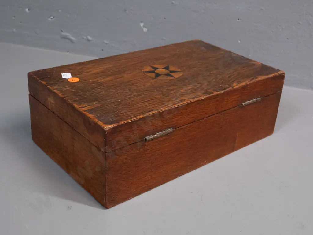 vintage timber box with lift out partitioned tray, inlay design on lid - some age wear, lock has been removed H-100 Image 1++