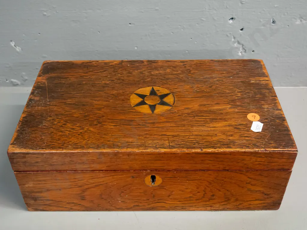 vintage timber box with lift out partitioned tray, inlay design on lid - some age wear, lock has been removed H-100 Image 1++