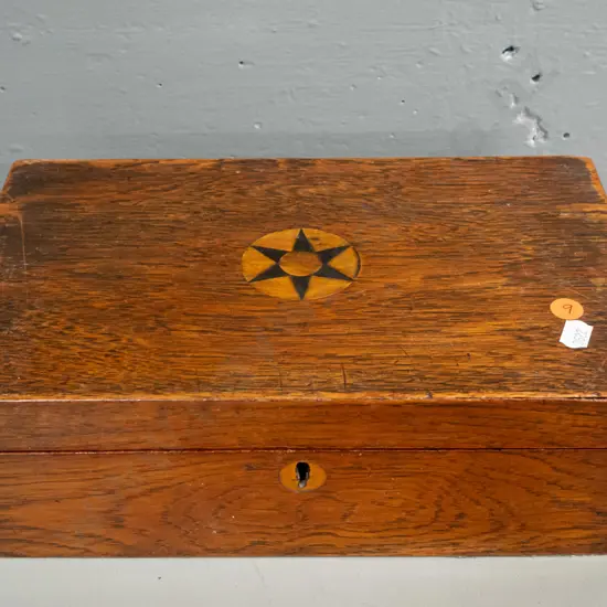 vintage timber box with lift out partitioned tray, inlay design on lid - some age wear, lock has been removed H-100