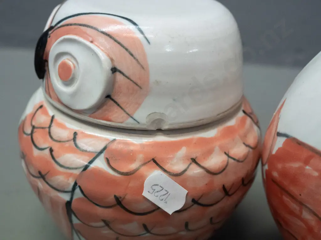 Alan Ballard NZ studio pottery owl canisters - 2 have "AB" mark, small one has chip to lid, medium has fleck to inside Image 1++