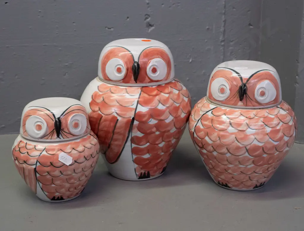 Alan Ballard NZ studio pottery owl canisters - 2 have "AB" mark, small one has chip to lid, medium has fleck to inside Image 1++