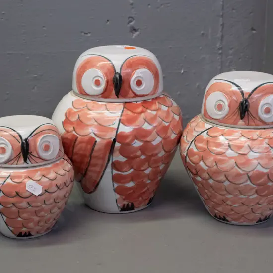 Alan Ballard NZ studio pottery owl canisters - 2 have "AB" mark, small one has chip to lid, medium has fleck to inside