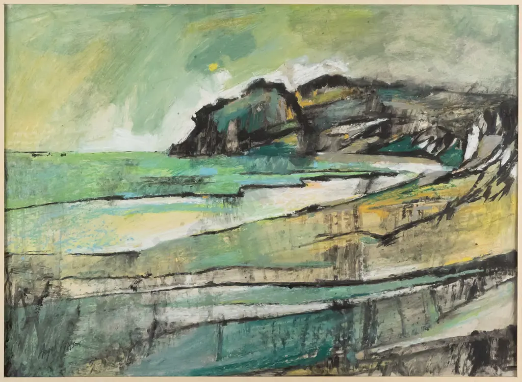 Angela Mason, framed pastel - costal scene H-330 W-460 Image 1++