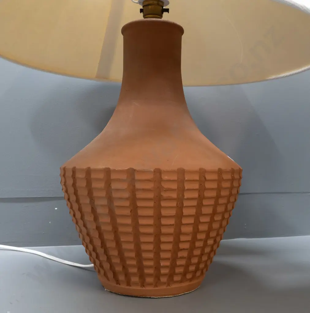 mid-century terracotta pottery table lamp with textured white fabric shade H-600 Shade D-500 Image 1++