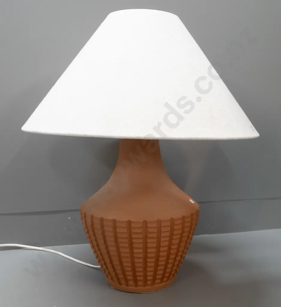 mid-century terracotta pottery table lamp with textured white fabric shade H-600 Shade D-500 Image 1++
