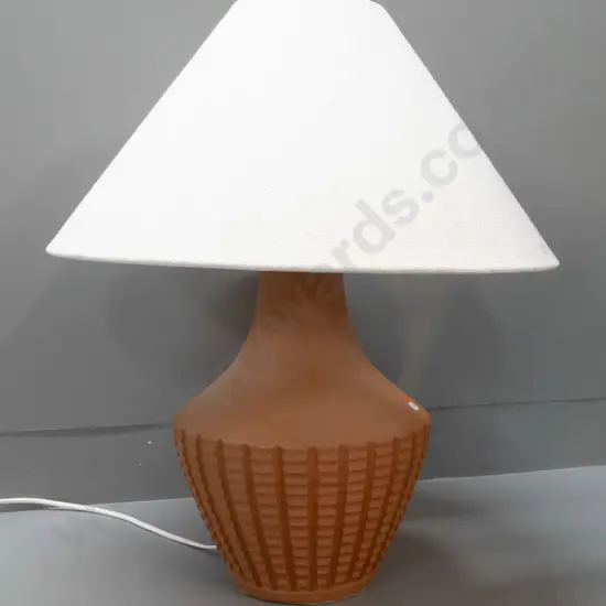 mid-century terracotta pottery table lamp with textured white fabric shade H-600 Shade D-500