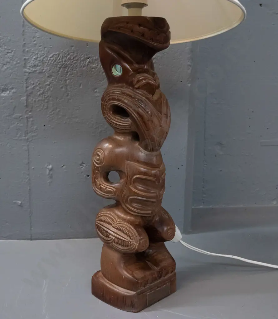carved timber Maori motif table lamp with inset paua eyes, 1974 presentation plaque, marked Carved in Rotorua NZ on back Image 1++