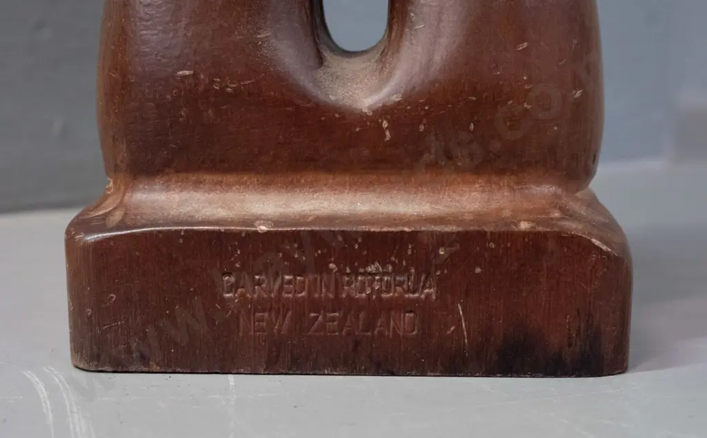 carved timber Maori motif table lamp with inset paua eyes, 1974 presentation plaque, marked Carved in Rotorua NZ on back Image 1++