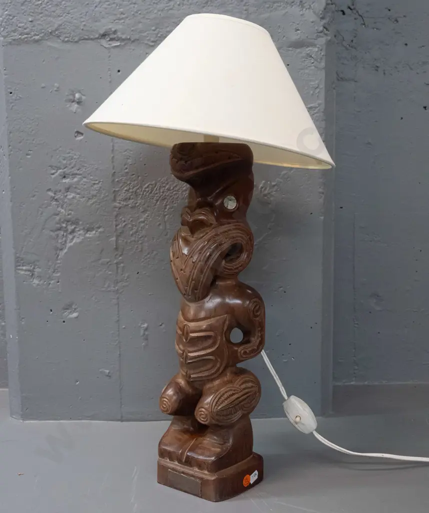 carved timber Maori motif table lamp with inset paua eyes, 1974 presentation plaque, marked Carved in Rotorua NZ on back Image 1++