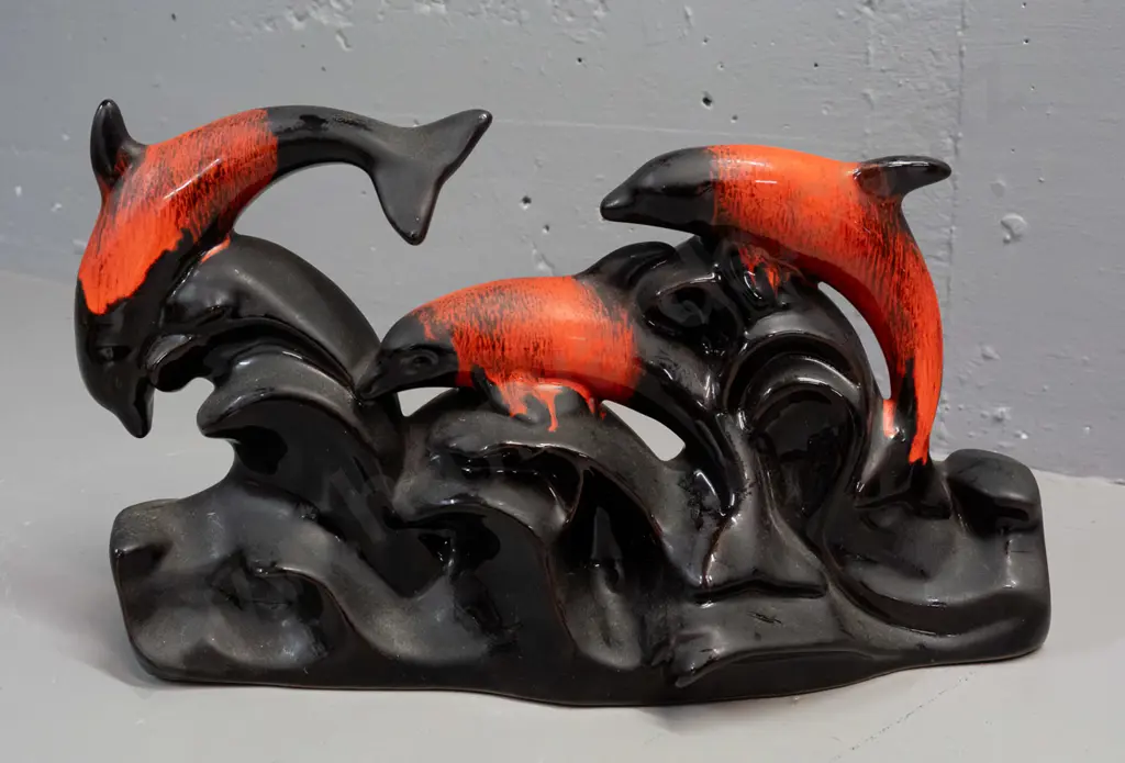 Evangeline Potteries Canada pottery figure of 3 leaping dolphins - needs cleaning H-235 W-370 Image 1++