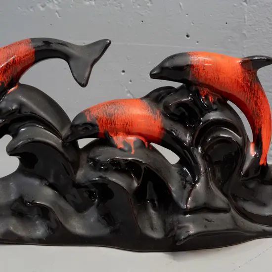 Evangeline Potteries Canada pottery figure of 3 leaping dolphins - needs cleaning H-235 W-370