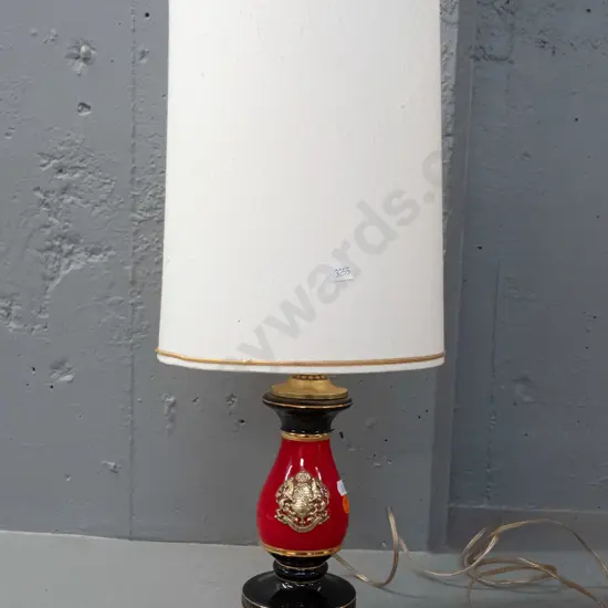 Italian ceramic bolster shape table lamp -  red black and gilt with "providentiae memor" motto crest H-510 incl. shade