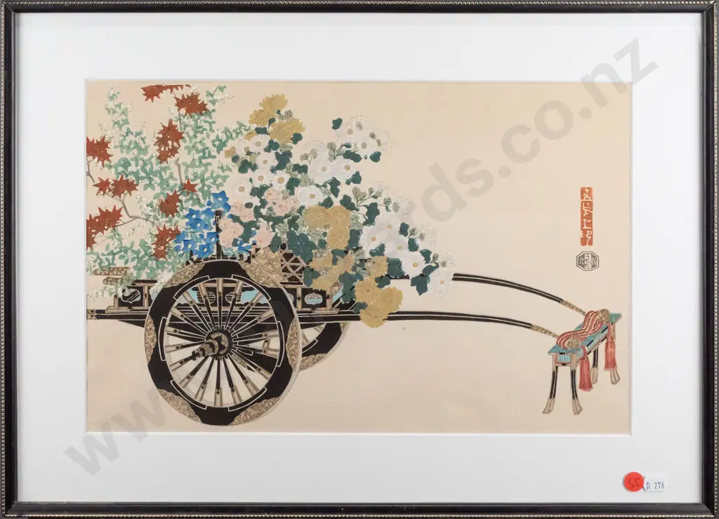 framed Kin-u Takeshita woodblock print - flower cart H-245 W-380 (very slight foxing) Image 1++