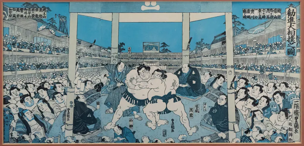 framed reproduction Japanese woodblock print - sumo wrestlers H-180 W-380 Image 1++