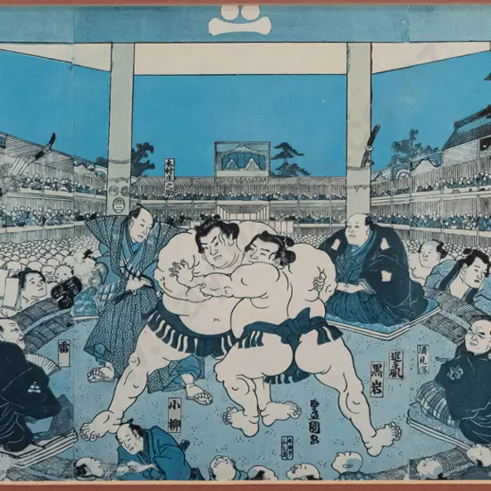 framed reproduction Japanese woodblock print - sumo wrestlers H-180 W-380