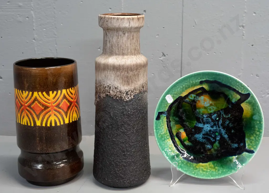 German pottery lava vase H-325 and 2 pieces of Poole pottery - Aegean vase and Poole Studio plate. German vase has small Image 1++