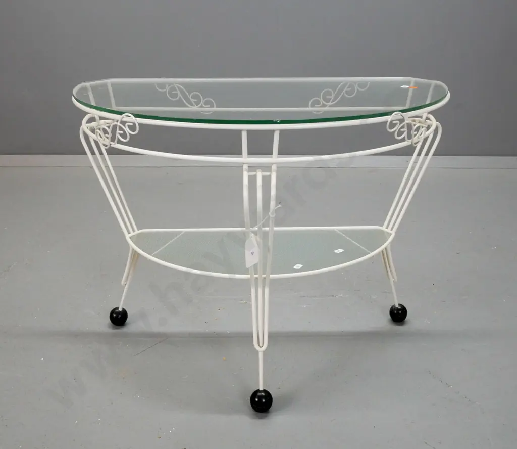 mid-century half round painted metal based table with glass top, lower shelf with textured glass, metal ball feet H-500 Image 1++
