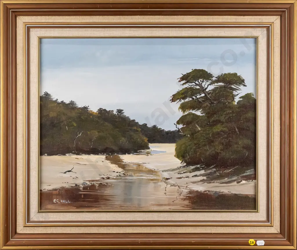 P.G Hall 1983 - framed acrylic on board "Bathing Beach Stewart Island" H-390 W-490 Image 1++