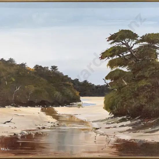 P.G Hall 1983 - framed acrylic on board "Bathing Beach Stewart Island" H-390 W-490