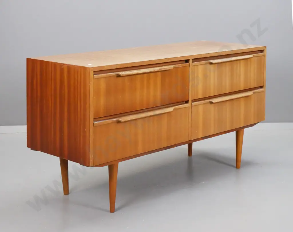 retro NZ made mahogany veneer 4-drawer lowboy with rimu drawers, tapered turned legs - some fading and staining to Image 1++