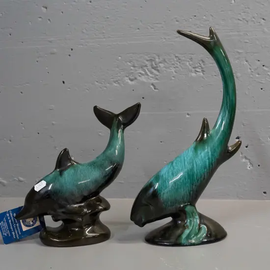 2 Blue Mountain pottery figures - leaping dolphin (with original hang tag and sticker) and leaping fish H-300