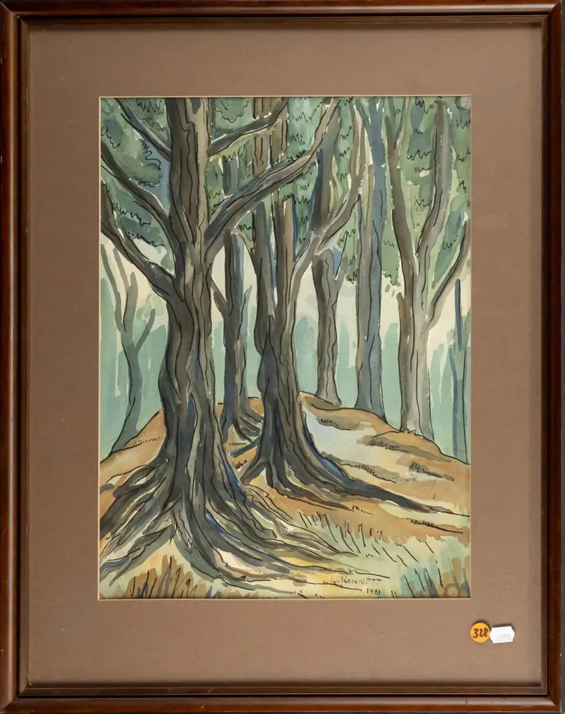 L Kennett 1981 - framed ink and watercolour "Pine plantation at Queenstown" H-360 W-270 Image 1++