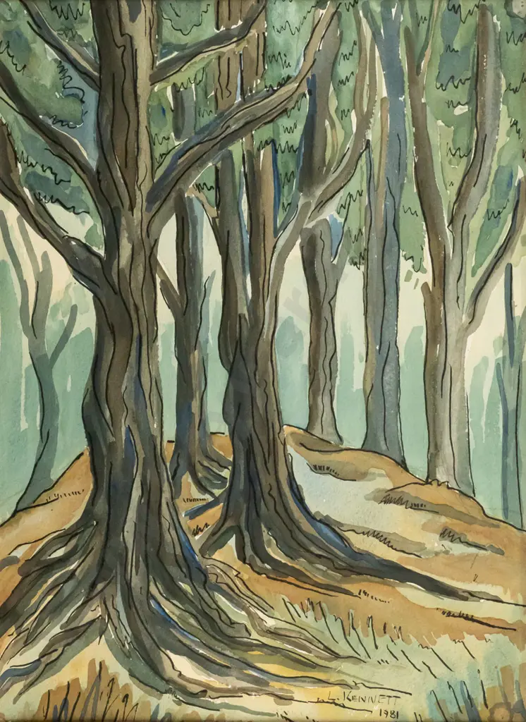 L Kennett 1981 - framed ink and watercolour "Pine plantation at Queenstown" H-360 W-270 Image 1++