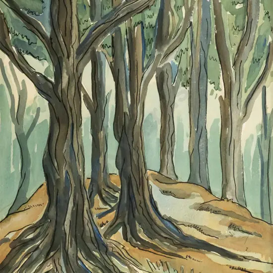 L Kennett 1981 - framed ink and watercolour "Pine plantation at Queenstown" H-360 W-270